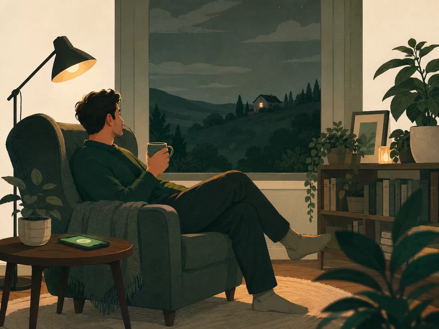 An adult relaxing in an armchair at dusk, phone resting nearby with a calm glow, a parent's lit house visible on a distant hill